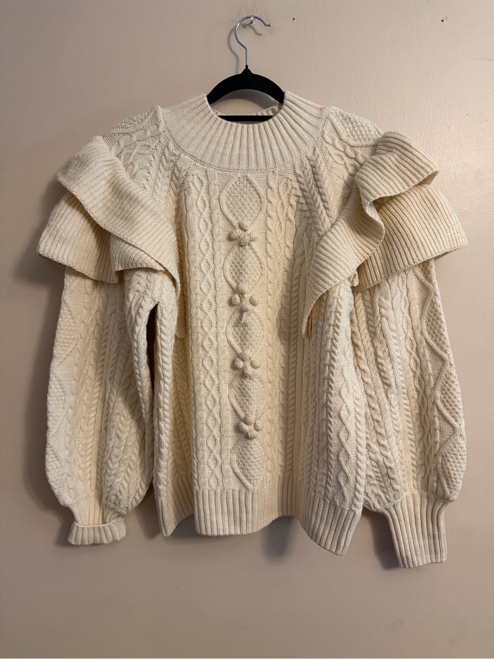 Vici Cream Cable-Knit Crewneck Sweater with Ruffle Shoulders